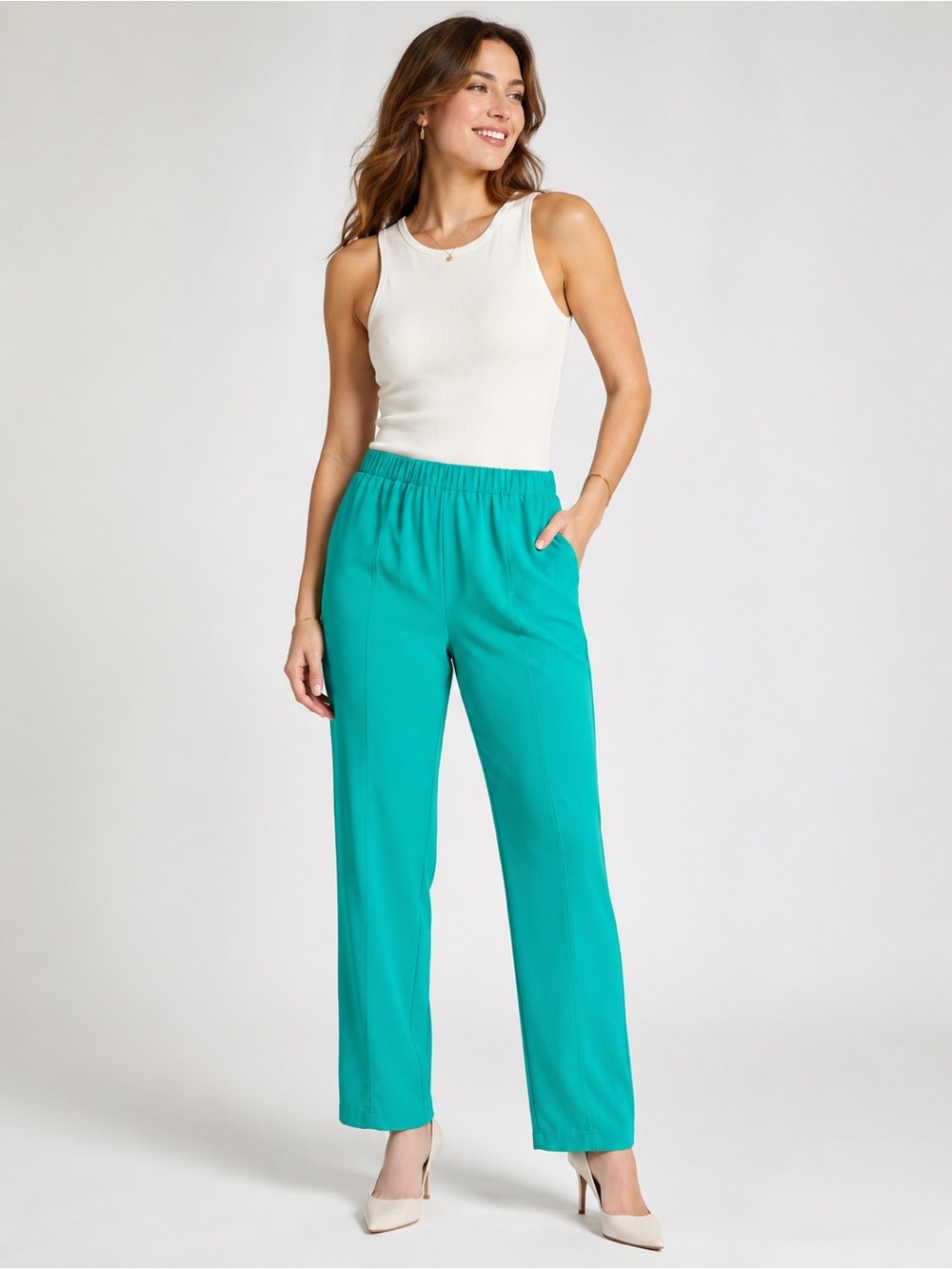 Ming Wang Pants Women Jade Green Pull On Straight Leg Pockets Size L NWT